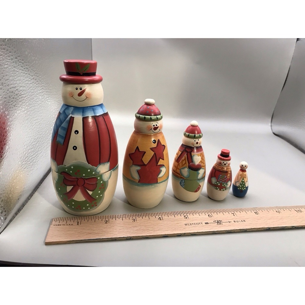 Group Of 5 Nesting Snowmen Wood Painted - Picture 3 of 5